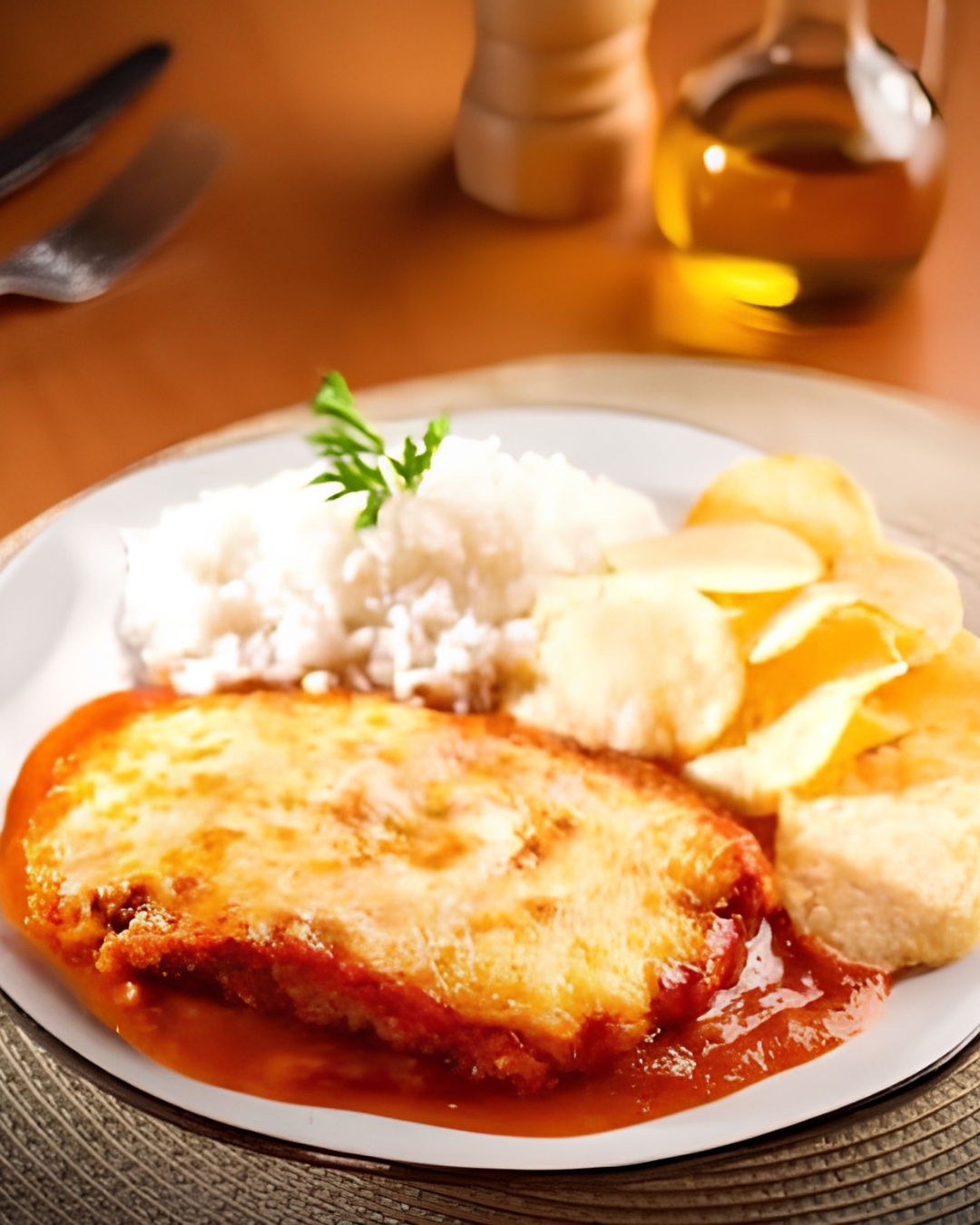 Parmegiana de frango do Dom com arroz, purê de batata e batata chips