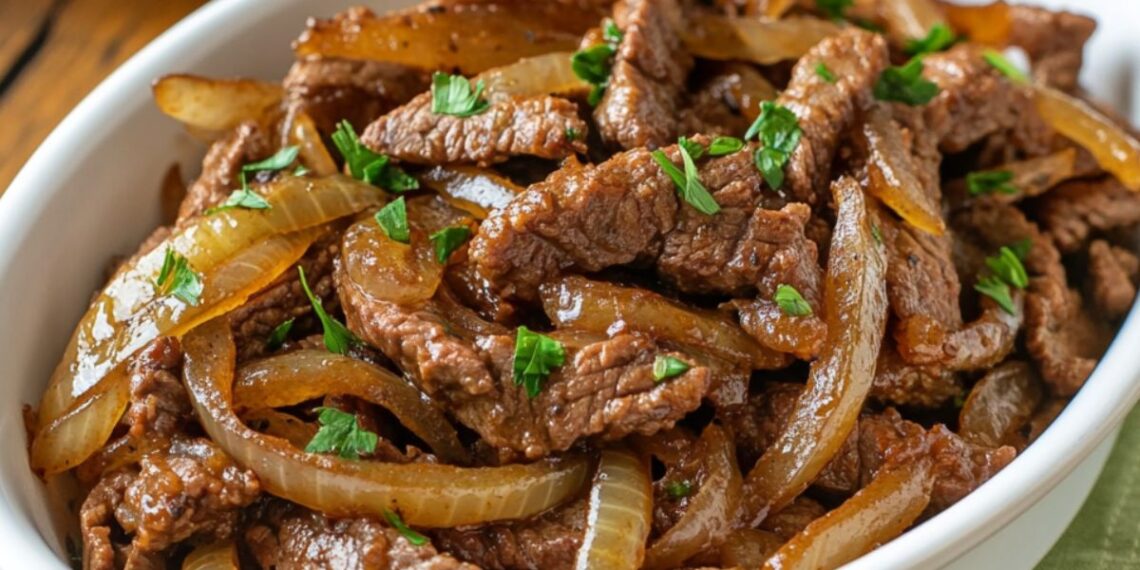 Picadinho de carne com cebolas douradas e cheiro-verde